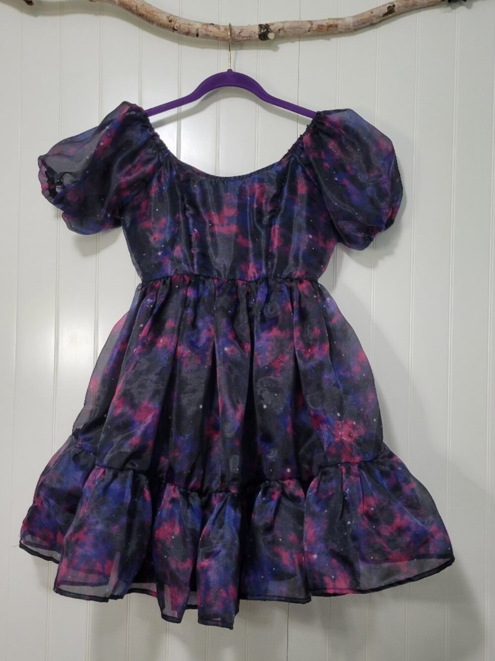 Cosmic Aura Galaxy Celestial Space Stars Pockets Organza Babydoll Mini Dress S